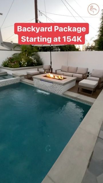 Small Pool With Fire Pit, Pool Hot Tub Fire Pit Patio Ideas, Spa Pool Ideas Small Backyards, Pool With Fire Feature, Pool With Fire Pit Area, Pavers Deck, Spa Fire Pit, Backyard Pool And Spa, Backyard With Pool