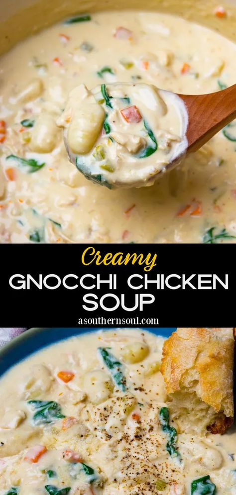 Creamy Gnocchi Chicken Soup, Gnocchi Chicken Soup, Cooking Gnocchi, Creamy Chicken Gnocchi Soup, Gnocchi Chicken, Creamy Gnocchi, Gnocchi Recipes Soup, A Southern Soul, Chicken Gnocchi