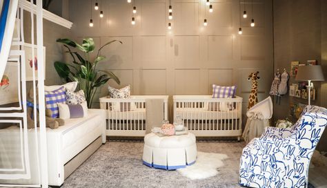 THE TWINS: DOUBLE BEAUTY✨ A Nursery inspired by the modern and ultra chic lifestyle. We created: “The Twins Nursery”. A place where a prince and a princess live. Using a grey, white and french blue color palette, with golden accents, incorporating the mix of patterns and textures, playing with the lighting, simulating a rain of stars, giving a magical feeling to the space. Providing the Twins a place where they can dream, laugh and venture. Twin Baby Room Boy And Girl, Quadruplets Nursery, Twin Nursery Room, Luxury Baby Crib, Twin Baby Rooms, Twins Boy, Twin Nursery, Luxury Staircase, Room Girl