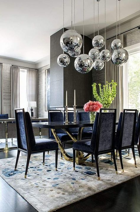 The size of this rug is well-proportioned to designate the chair/table as a seeparate eating area. Luxury Dining Tables, Dining Room Design Modern, Dining Room Blue, Grey Dining Room, Luxury Dining Room, Elegant Dining Room, Contemporary Dining Room, Luxury Dining, Dining Room Inspiration