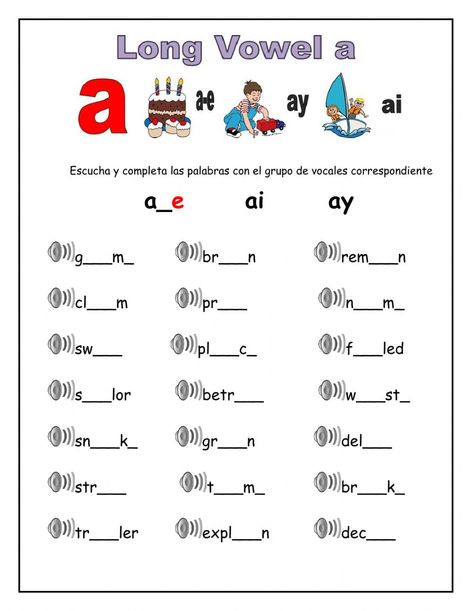 Long vowel a - Interactive worksheet Phonics Spelling Activities, Long Sounds Worksheets, Teacher Worksheets Printables, Long Ee Sound Words, Long Ee Sound Worksheet, Long Vowel O Activities, Long Vowel Sounds Worksheets, Aeiou Vowels Worksheets, Esl Phonics