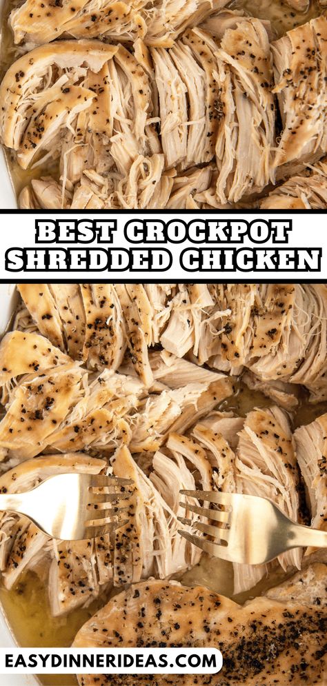 Crockpot Shredded Chicken is made with just two ingredients: chicken and broth. This tender pulled chicken can be used in so many easy chicken dinners! Crockpot Plain Chicken, Crockpot Chicken Recipes For Salad, Slower Cooker Shredded Chicken, Pulled Italian Chicken Crockpot, Chicken In Chicken Broth Recipes, How To Make Shredded Chicken In Crockpot, Boiled Chicken In Crockpot, Shredded Chicken In A Crockpot, Moist Shredded Chicken Crock Pot