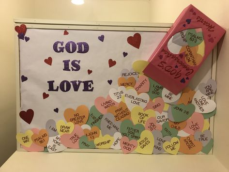 Love Bulliten Board Ideas, Christian February Bulletin Boards, Jesus Valentines Bulletin Board, Valentines Sunday School Bulletin Boards, Candy Hearts Bulletin Board, Valentines Day Bulletin Board Church, God Is Love Bulletin Board, Valentine Church Bulletin Board, Love Letters From God Bulletin Board