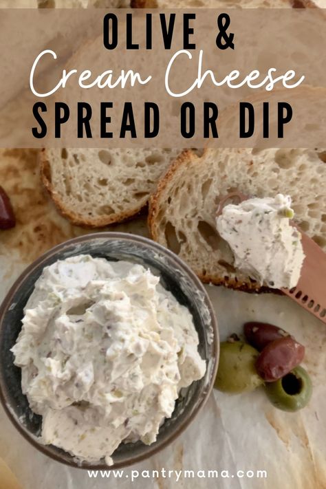 Olive Cream Cheese Spread or Dip made with 2 simple ingredients. Perfect as a spread or dip for sourdough bread, crackers and grissini. Olive And Cream Cheese Spread, Cream Cheese Olive Spread, Olive Nut Spread Recipe, Olive Spread For Bread, Dip For Sourdough Bread, Sourdough Toppings, Cream Cheese Sandwich Spread, Olive Cream Cheese Spread, Cream Cheese Spread For Bagels