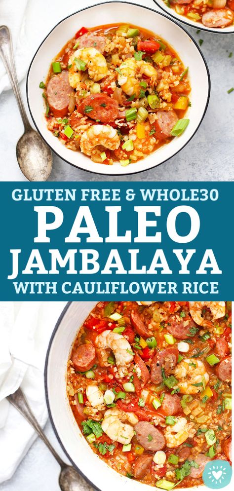 Paleo Jambalaya with Cauliflower Rice - Classic flavors with a grain free twist! This paleo jambalaya uses cauliflower rice in place of regular rice for a grain free spin on our old favorite. (Gluten free, paleo & whole30 approved!) // paleo jambalaya // grain free jambalaya // cauliflower rice jambalaya // cauliflower rice recipe // paleo dinner recipe // #whole30 #glutenfree #cauliflowerrice #caulirice #jambalaya #paleo #paleodinner Whole 30 Jambalaya, Cauliflower Rice Jambalaya, Gluten Free Jambalaya Recipe, Gluten Free Jambalaya, Paleo Jambalaya, Rabbit Snacks, Jambalaya Recipes, Paleolithic Diet, Paleo Dinners