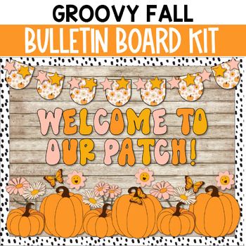 Fall Into Kindness Bulletin Board, Groovy Fall Decor, Teacher Fall Bulletin Boards, Fall Football Bulletin Board Ideas, Groovy Fall Bulletin Board, Fall Theme Bulletin Board Preschool, Pumpkin Classroom Decorations, Fall Preschool Bulletin Boards, Pumpkin Bulletin Board Ideas