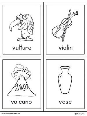 Beginning sound vocabulary cards for letter V includes the words vulture, violin, volcano, and vase. V Worksheet, Alphabet Word Wall Cards, Letter V Worksheets, Alphabet Word Wall, Preschool Color Activities, V Alphabet, V Words, Alphabet Words, Abc Coloring Pages