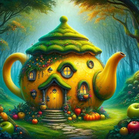 👉👉👉? Teapot house? #house #cottage #whimscal #storybook #ai #aiart #aiartcommunity #digitalart #lakehouse #pumpkin #teapot Teapot House Drawing, Teapot Painting Ideas, Teapot Fairy House, Pumpkin Teapot, Teapot House, Coloured Pictures, Whimsical Pillows, Whimsical Art Paintings, Pumpkin House