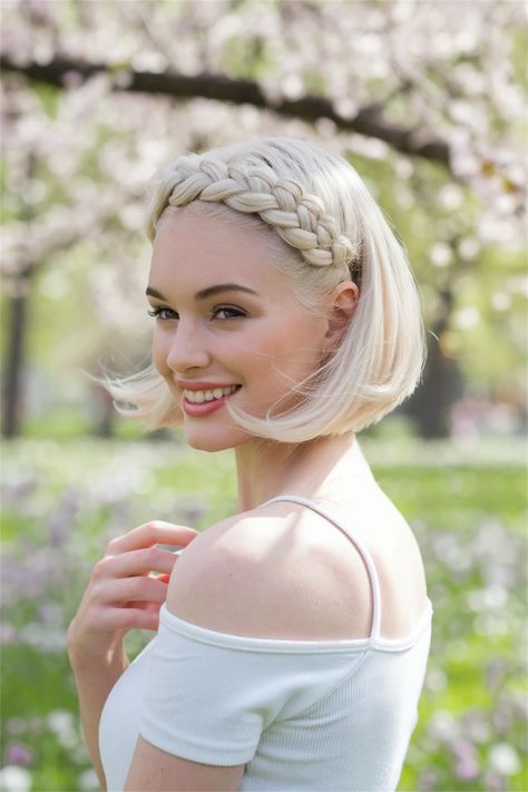 Embrace the charm of short hair styles with this stunning Milkmaid braid. Ideal for showcasing your haircut while adding a touch of whimsy, this hairstyle beautifully complements round faces and is easy to achieve. Whether you're heading to school, a casual outing, or a K-pop inspired event, this look is versatile and fun. Elevate your style with dyed hair and simple makeup for an effortlessly chic vibe. #shorthairstyles #MilkmaidBraid Milkmaid Braid Short Hair, Braid Short Hair, Milkmaid Braid, Round Faces, Braids For Short Hair, Round Face, Simple Makeup, Dyed Hair, K Pop