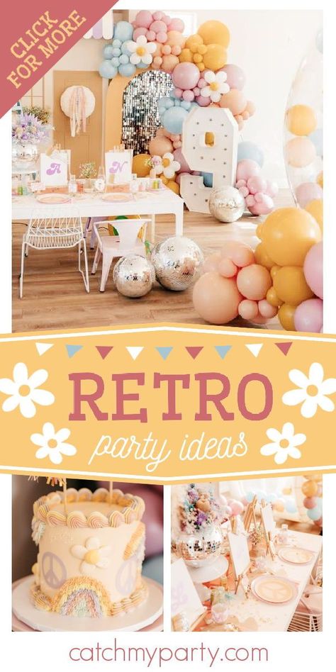 Check out this retro painting-themed birthday party! The table settings are incredible! See more party ideas and share yours at CatchMyParty.com 10th Birthday Girl Themes, Retro Party Ideas, Peace Out Single Digits Party, Planing Ideas, 70s Birthday, Retro Birthday Party, Teen Girl Birthday Party, Retro Birthday Parties, 70s Theme Party