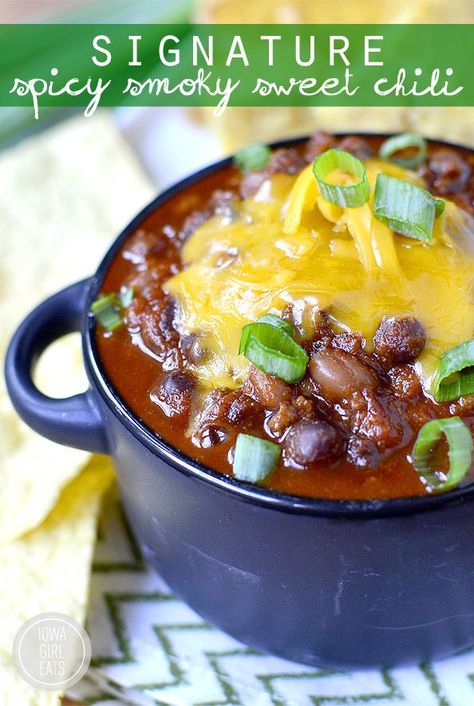 Signature Spicy, Smoky, Sweet Chili is my signature chili recipe. Slightly spicy, smoky, and sweet, it's crock pot and freezer-friendly, too! Smoky Chili Recipe, Sweet Chili Recipe, Smoky Chili, Chard Recipes, Vegetarian Bake, Crockpot Chili, Iowa Girl Eats, Recipes Soup, Paleo Beef