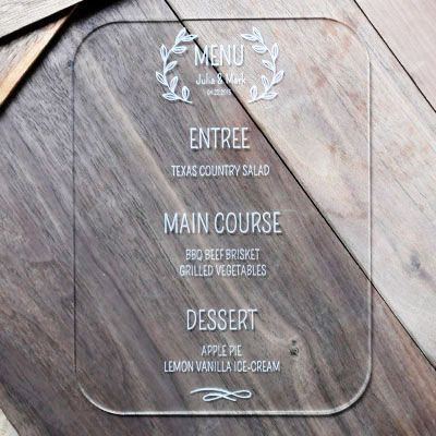 Laser Engraved Clear Acrylic Wedding Menu. Custom Laser Engraving. Size of the Menu -6″ x 8″.  The price includes 10 menus. Laser Wedding, Wedding Vinyl, Stationary Ideas, Acrylic Gift, Engraving Ideas, Secret Garden Wedding, Cnc Engraving, Menu Sign, Laser Projects