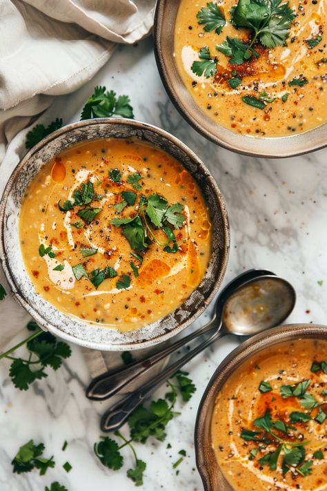 Three bowls of creamy soup garnished with cilantro, spices, and a drizzle of cream, with spoons and a napkin on the side. Coconut Red Lentil Curry, Tumeric Food Recipes, Curry Soup Recipes Vegetarian, Miso Lentil Soup, Lentil Squash Soup, Coconut Curry Soup Vegetarian, Spicy Vegan Soup, Vegan Curry Soup, Asian Soup Recipes Vegetarian