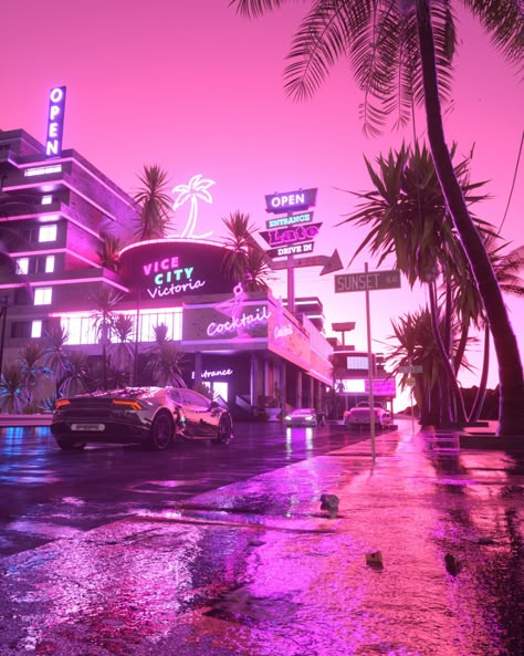 Miami Vice House, City Tumblr, Murs Roses, Gta Vice City, Vaporwave Wallpaper, Pink Tumblr Aesthetic, Vice City, Bedroom Wall Collage, New Retro Wave