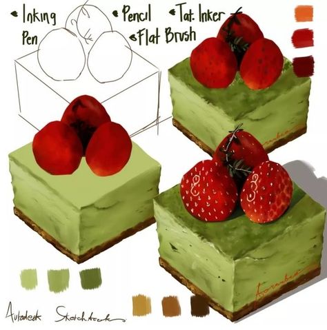 Food Drawing Tutorial Digital, How To Draw Food Digital, Food Painting Tutorial, Cake Drawing Realistic, Eating Cake Reference, Food Art Painting Watercolour, Food Reference Drawing, Food Art Tutorial, How To Draw Food Step By Step