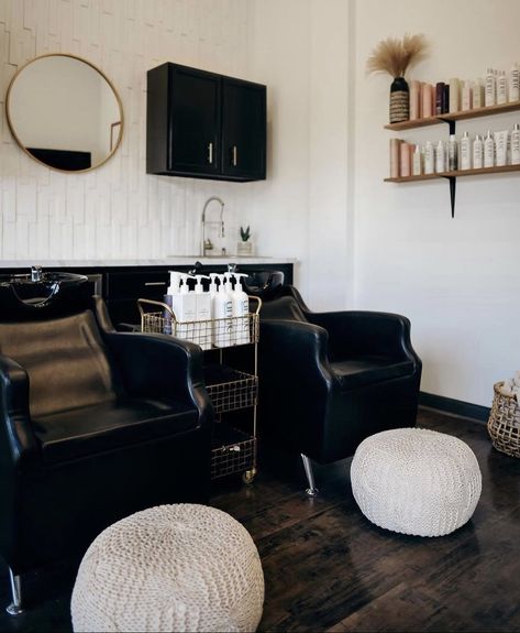 Boho Salon Accent Wall, Classy Salon Suite, Loft Hair Salon, Black And Brown Salon Decor, Black And Tan Salon Decor, Small Shampoo Area In Salon, Black And Gold Salon Suite, Salon Interior Design Black, Black And Gold Salon Decor