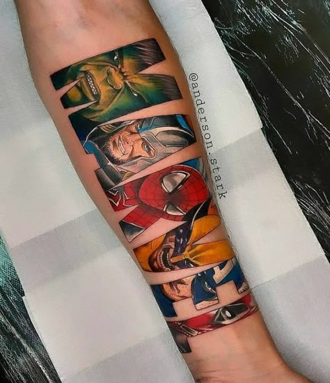 Marvel Half Sleeve Tattoo, Comic Sleeve Tattoo, Comic Tattoo Ideas, Sean Tattoo, Falcon Tattoo, Sleeves Tattoos, Comic Book Tattoo, Avengers Tattoo, Artwork Tattoo