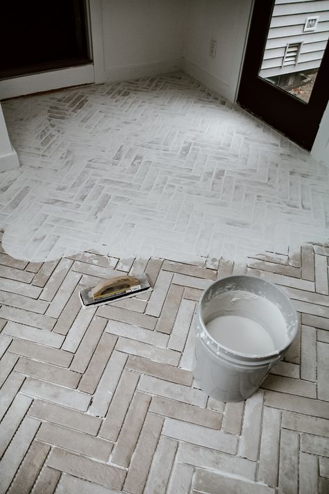 Old World European Inspired Flooring - Brick Herringbone Floor, Sunroom Flooring, Room Tiles Floor, European Laundry, Pantry Door Ideas, Old World European, Entry Tile, Brick Look Tile, Interior Design Help