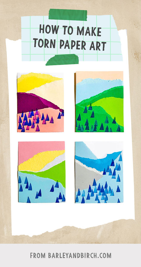 A photo showing our finished kids paper landscape art piece Collage Art Lessons Elementary, Torn Paper Collage Art, Collage Projects For Kids, Construction Paper Art Projects, Kids Art Projects Elementary, Paper Collage Art For Kids, Art Lesson Kindergarten, Paper Landscape Art, Overlapping Art