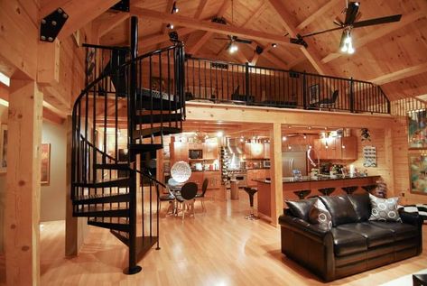 Steel Spiral Staircase Photo Gallery | Steel Spiral Staircase Modern Log Home Interiors, Yurt Kitchen, Log Cabin Loft, Mezzanine Ideas, Modern Log Home, Log Home Interior, Pine Interior, Spiral Stair, Morton Building