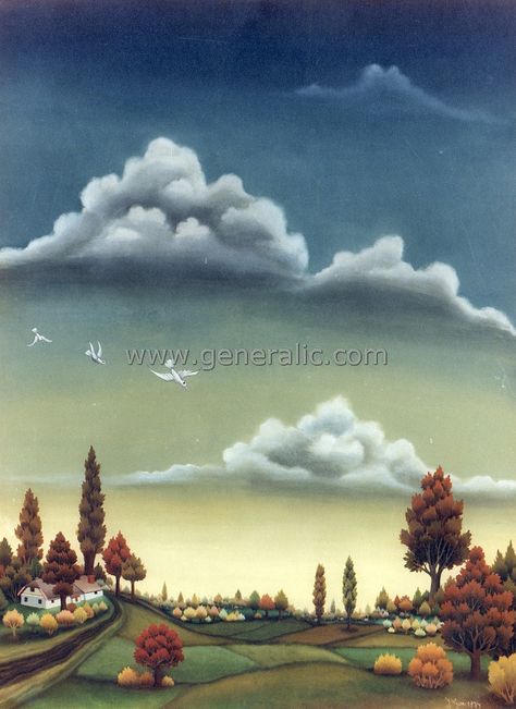 Low Landscape (Niski pejzaž) Ivan Generalic oil on glass 97×73 cm, 1974 #1974-07 AVAILABLE FOR SALE @ www.generalic.com Ivan Generalic, Deer Wedding, Naïve Artist, Arte Folk, Outsider Artists, Art Rules, Rural Scenes, Romantic Country, Art Academy