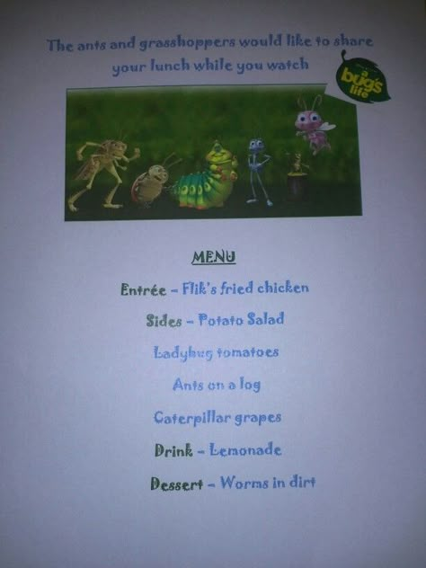 Disney Dinner Nights - A Bug's Life Movie And Dinner Ideas, Disney Movie Dinner Night, Disney Dinner Ideas, Dinner And A Movie Ideas, Disney Dinner And Movie Night, Movie Night Disney, Disney Movie Night Ideas, Themed Dinner Ideas, Disney Movie Themed Dinner