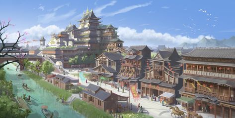 Ancient Chinese city in spring , Chinese ancient architectures., Yujiang J on ArtStation at https://www.artstation.com/artwork/mKZqY Ancient Chinese City, City In Autumn, Chinese City, Ancient Chinese Architecture, China City, Anime Places, Bg Design, Coastal City, Anime City