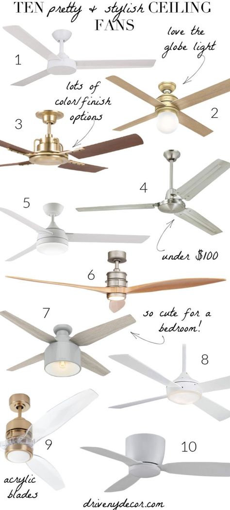 Searching for beautiful ceiling fans for your home? I've gathered together ten stylish ceiling fans complete with sources and links! Small Room Ceiling Fan With Light, Nursery Room Ceiling Fan, Ceiling Fan In Dining Room Ideas, White Ceiling Fan Bedroom Beach Houses, Interior Design Ceiling Fan, Kid Bedroom Ceiling Fan, Lowes Ceiling Fan With Light, Chic Ceiling Fan Master Bedrooms, Modern White Ceiling Fan With Light