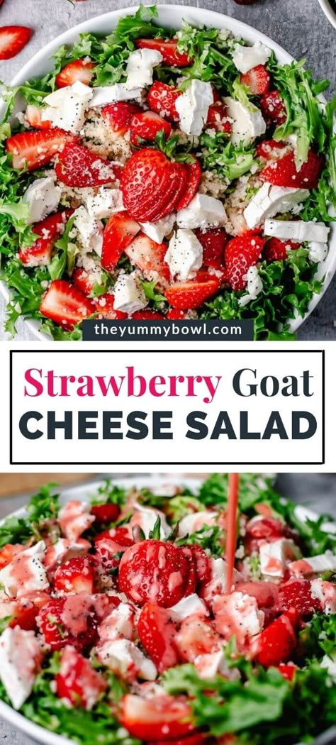 Strawberry Goat Cheese Salad - healthy salad recipe loaded with fresh juicy strawberries, lettuce, and goat cheese. This summer salad comes together in minutes, with only a few simple ingredients, and drizzled with Strawberry Poppy Seed Dressing. Spinach Strawberry Goat Cheese Salad, Strawberry Salad With Goat Cheese, Fruit And Cheese Salad, Healthy Strawberry Salad, Best Salad Recipes Lettuce, Salads With Strawberries Recipes, Strawberry And Goat Cheese Salad, Salads With Goat Cheese Recipes, Summer Lettuce Salad Recipes