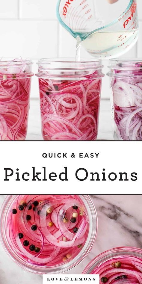 Pickled Red Onions - Recipes by Love and Lemons Pickle Onions Recipe, Grilled Potato Salad, Red Onion Recipes, Quick Pickled Red Onions, Quick Pickled Onions, Quick Pickled, 5 Ingredient Recipes, Pickled Veggies, Pickled Vegetables