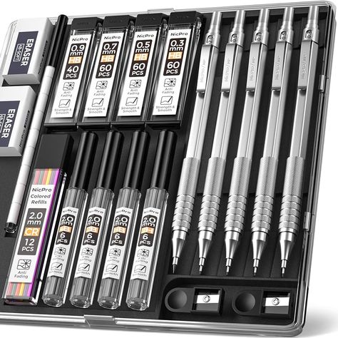 Nicpro 5 PCS Art Mechanical Pencil Set, Metal Drafting Pencils 0.3, 0.5, 0.7, 0.9, 2mm Graphite Lead Holder (4B 2B HB 2H Colored Lead) For Writing Sketching Drawing With 9 Lead Refills Eraser Case : Amazon.co.uk: Stationery & Office Supplies Nicpro Mechanical Pencil, Metal Mechanical Pencil, Drafting Pencil, Lead Holder, 2b Pencil, Art Studio Room, Artist Pencils, Led Pencils, Sketching Drawing