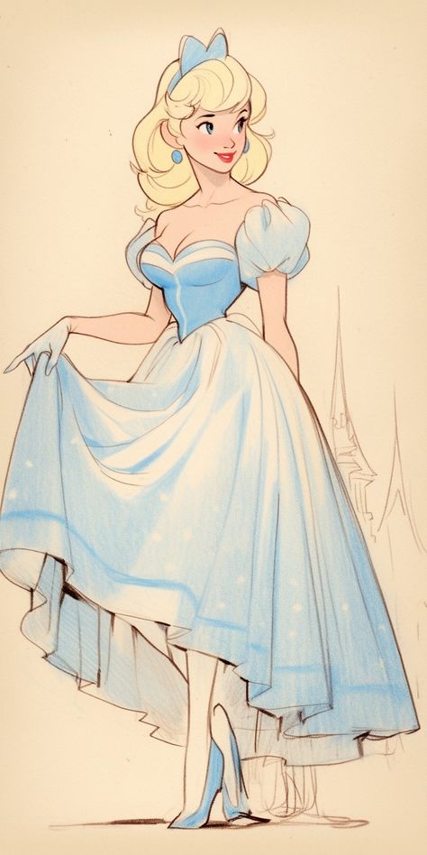 Princess Character Design Concept Art, Disney Princess Concept Art, Cinderella Dress Drawing, Cinderella Redesign, Caricature Aesthetic, Disney Princess Poses, Disney Animation Sketches, Princess Drawings Sketches, Princess Poses Drawing Reference