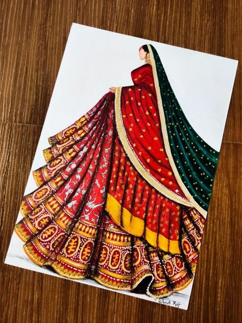 Simple Dress Illustration, Indian Fashion Design Sketches, Traditional Drawing Indian, Bridal Lehenga Illustration, Traditional Dress Illustration, Navratri Drawing Ideas, Lehenga Sketches, Collage Fashion Illustration, Quick Fashion Illustration