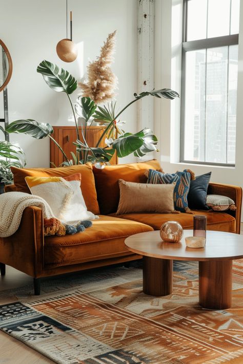 Curate Your Space With Stores Like Structube Structube Living Room, Orange Sofa Living Room, Orange Sofa Living Room Ideas, Bungalow Living Room, 70s Interior Design, Orange Sofa, Mid Century Modern Interior Design, Modern Coastal Decor, 70s Interior