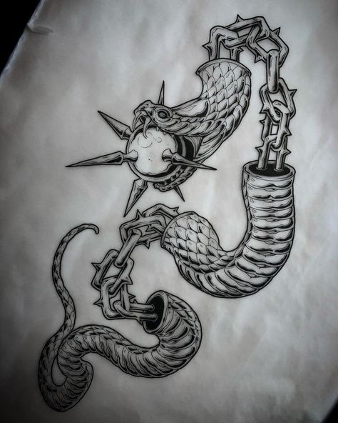 Flail Tattoo Drawing, Creepy Snake Tattoo, Flail Tattoo Design, Flail Tattoo, Tattoo Snake, Armband Tattoos, Snake Tattoo Design, Creepy Tattoos, Dark Art Tattoo