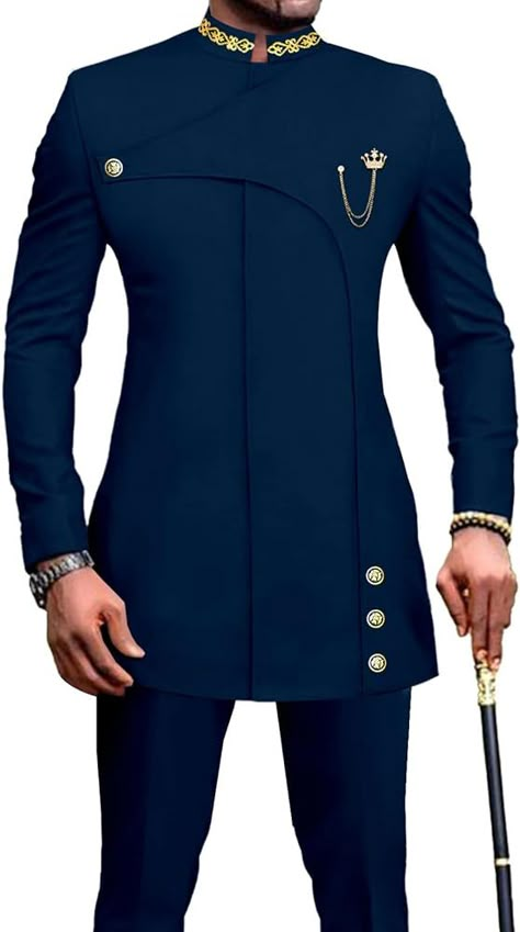 Men's 2 Pieces Suit Elegant Single Breated Slim Fit Embroidery Blazer Pants Set African Clothes Wedding Dark Blue Medium at Amazon Men’s Clothing store Men's Suits Wedding, Groom Traditional Outfit, Engagement Wear For Men, Elegant Outfit For Men, Men Designer Outfits, Suits For Men, Elegant Outfits For Men, Suit Designs For Men, Engagement Outfits For Men