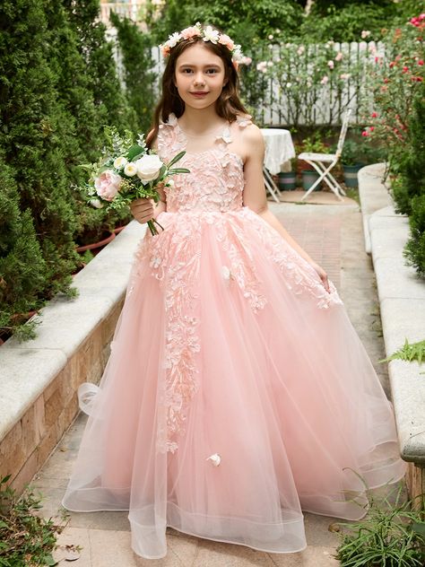 Pink Princess Ball Gown for Girls with Lace Appliqués#224785 - lalamira Princess Style Pink Ball Gown For Baptism, Pink Princess Dress With Lace Trim, Pink Tulle Ball Gown For First Communion, Pink Princess Dress With Lace Trim For Dress-up, Pink Princess-style Lace Baptism Dress, Straight Wedding Dresses, Ball Gowns Princess, Satin Tulle, Princess Dress Up