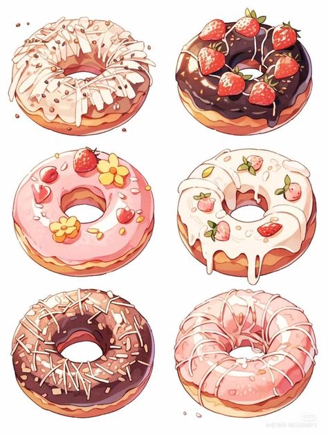 Donut Digital Art, Cinnamon Rolls Drawing, Dessert Art Drawing, Cute Dessert Drawings, Donuts Drawing, Dessert Drawings, Doughnut Art, Digital Art Inspiration, Donut Drawing