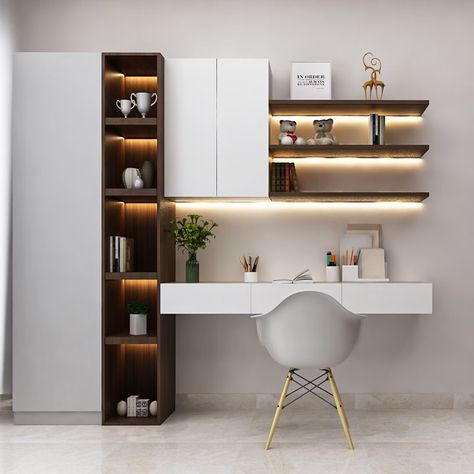 White And Brown Study Room Design With Under-Ledge LED Lighting | Livspace Bookshelf With Study Table, Study Room Ideas Modern, Study Table With Bookshelf, Study Room Ideas, Aesthetic Bookshelf, Wallpaper House Design, Tall Unit, Brown Theme, Bookshelf Inspiration