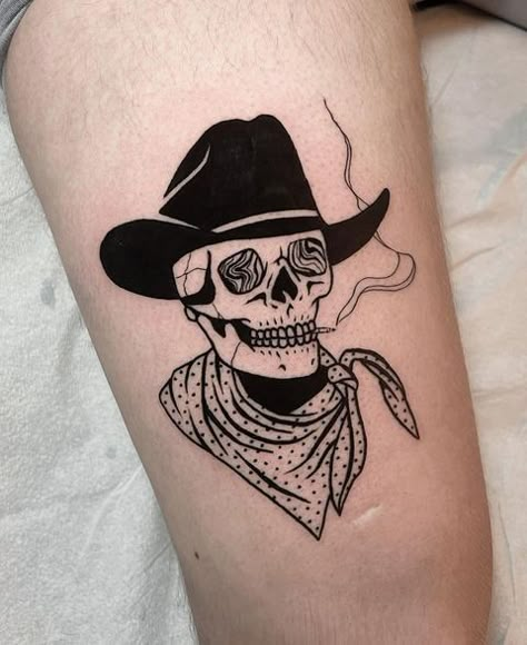 Black Cowboy Hat Tattoo, Country Skeleton Tattoo, Retro Cowboy Tattoo, Western Goth Tattoo, Goth Cowboy Tattoo, Tattoos For Gemini Women, Punchy Finger Tattoos, American Traditional Tattoos Skeleton, Knee Tattoos Women Traditional