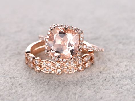 2.4 Carat Cushion Cut Morganite Wedding Set Diamond Bridal Ring 14k Rose Gold Art Deco Half Eternity Band Morganite Wedding Set, Morganite Diamond Engagement Ring, Morganite Ring Set, Gold Diamond Wedding Band, Yellow Gold Wedding Band, Diamond Bridal Sets, Morganite Engagement, Morganite Engagement Ring, Morganite Ring