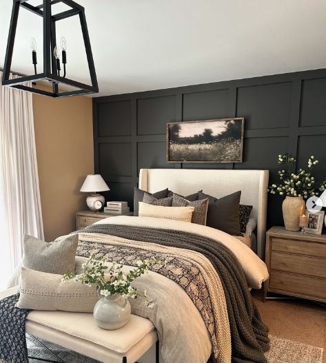 19 Farmhouse Bedroom Ideas to Inspire Your Next Makeover 22 Tan Headboard, Minimalist Bedroom Style, Wood Panel Bedroom, Charcoal Bedroom, Tan Bedroom, Walnut Bedroom, Farmhouse Bedrooms, Farmhouse Bedroom Ideas, Black Accent Walls