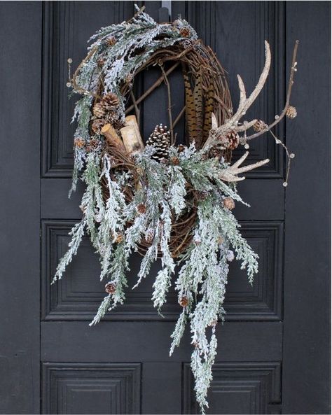 Faux Antlers, Birch Wreath, Front Door Christmas Wreath, Antler Christmas, Front Door Christmas, Christmas Bling, Birch Logs, Christmas Interiors, Christmas Baskets