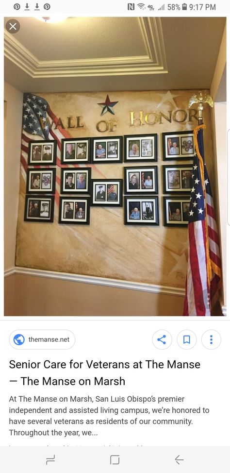 Senior Living Decorating Ideas, Veterans Wall Of Honor, Wall Of Honor For Veterans, Veteran Wall Of Honor Ideas, Veterans Wall Of Honor Ideas, Military Office Decor Ideas, Nursing Home Room Decor Ideas, Nursing Home Decorating Ideas, Military Office Decor