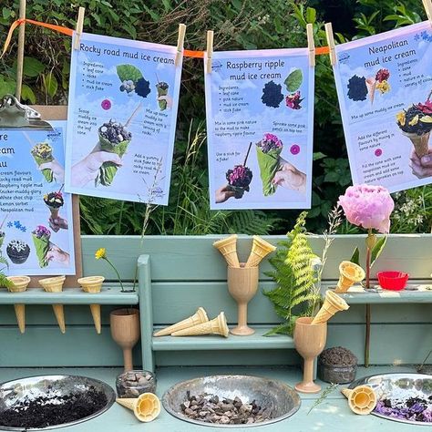 earlyyearsoutdoor on Instagram: "•MUDDY ICE CREAMS• My new nature ice cream recipes are a great addition to our mud kitchen. You could also use them in a tray or play shop. I tie wrapped two bamboo canes to the sides of the mud kitchen and tied ribbon between, so that I could peg the recipes on. What do you think? Recipes available as a download at www.earlyyearsoutdoor.co.uk 🍦🌿 #earlyyearsoutdoor #earlyyears #earlyyearsideas #outdoorlearning #outdoorplay #eyfs #teacher #receptionclass #hands Eyfs Outdoor Area, Outdoor Learning Activities, Ice Cream Menu, People Who Help Us, Outdoor Play Spaces, Tied Ribbon, Raspberry Ripple, Eyfs Activities, Outdoor Play Areas