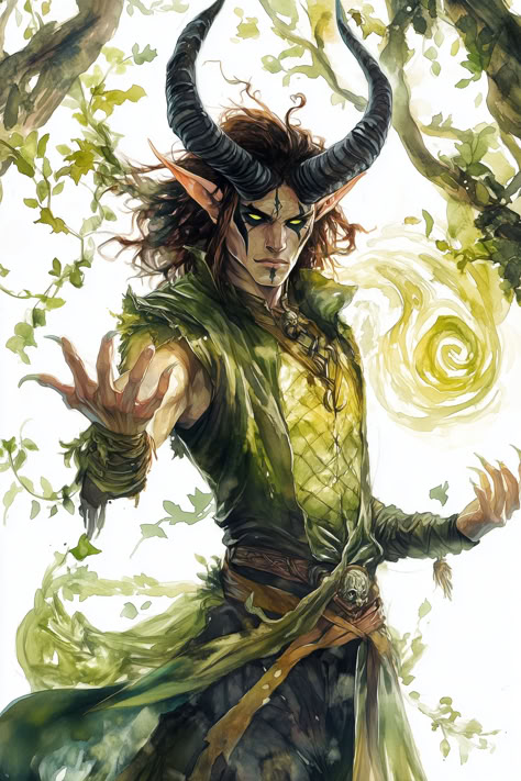 A brooding Tiefling Druid has long, dark, swirling horns and auburn skin that speaks at his origins. His piercing green eyes contrast his infernal nature and are a testament to his life in the wild. Adorned in robes woven with enchanted ivy, Faelgor wields a gnarled staff crowned with vibrant green crystals. Fire Druid Dnd, Wild Elf Dnd, Dnd Evil Druid, Forest Tiefling, Tiefling Green, Satyr Druid, Satyr Dnd, Tiefling Druid, Character Showcase