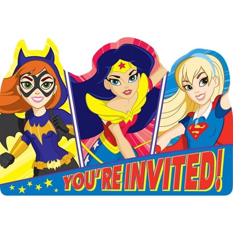 Buy Kids Birthday DC Super Hero Girls invitations, 8 per package sold at Party Expert Super Hero Girls Birthday Party, Dc Superhero Girls Party, Supergirl Party, Super Hero Party, Girl Superhero Party, Superhero Invitations, Super Girls, Girls Party Invitations, Barbara Gordon