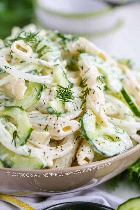 Cucumber Pasta, Cucumber Pasta Salad, Dill Pickle Pasta Salad, Potluck Side Dishes, Creamy Cucumber Salad, Creamy Cucumbers, Herb Gardens, Spend With Pennies, Salad Pasta