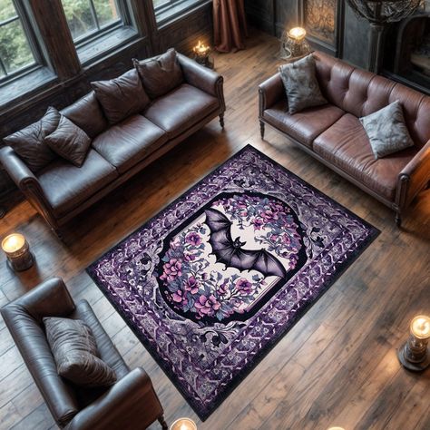 Add a gothic touch to your home with this mesmerizing bat-themed rug. Featuring an intricately designed bat surrounded by a flourish of vibrant flowers, this rug combines the mysterious allure of the night with the delicate beauty of nature. The detailed border design enhances the central artwork, making it a perfect addition to any gothic or Halloween-inspired decor. This washable and durable rug is ideal for adding a unique and spooky elegance to your living room, bedroom, or study, while also Rustic Gothic Home Decor, Maximalist Rug, Goth Rug, Goth Furniture, Witchy Products, Gothic Furniture Diy, Gothic Rug, Bat Design, Eclectic Home Decor