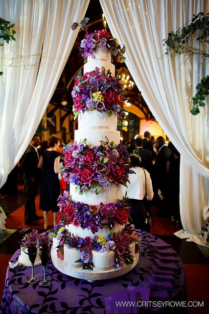 Red And Purple Wedding Cake, Jewel Tone Wedding Cakes, Magenta Wedding Theme, Red Purple Wedding, Quince Inspiration, Large Wedding Cakes, Winthrop University, Pink Purple Wedding, Quince Decor